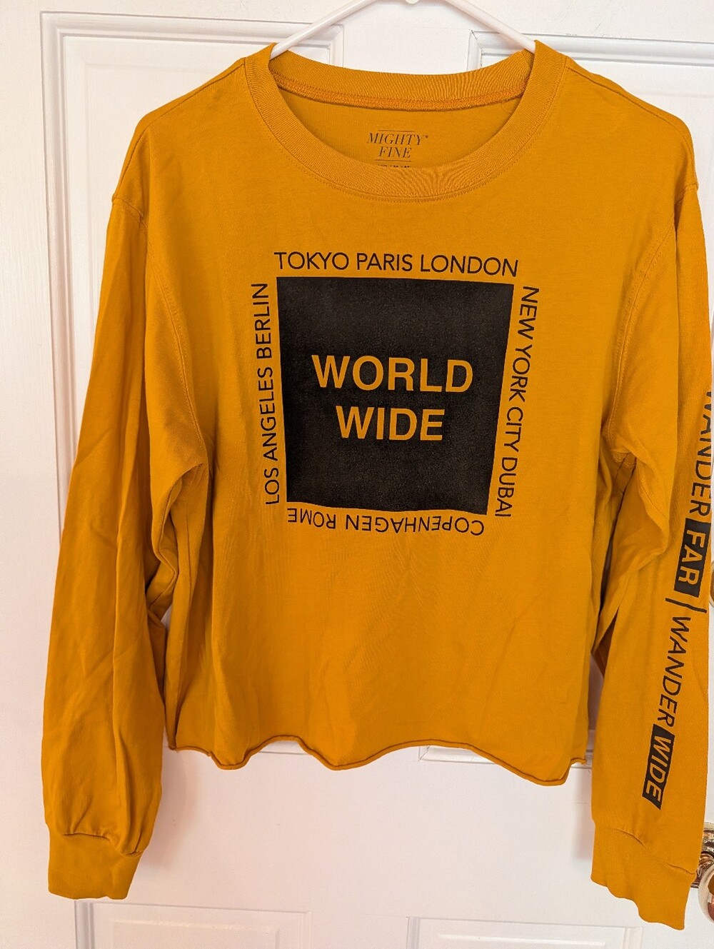 Mighty Fine Women's Cotton Cropped Mustard LS Wander Top Tokyo Paris London Sz M